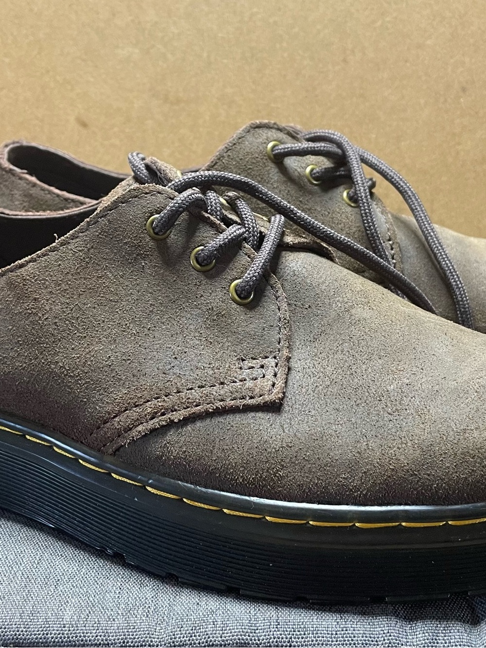 Dr. Martens Brown Suede Derby Shoes with Yellow Stitching